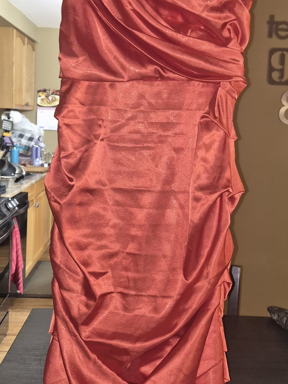 le chateau Strapless Shimmering Coral-Red Satin Dress